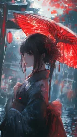 Side profile of woman with red umbrella in rainy street