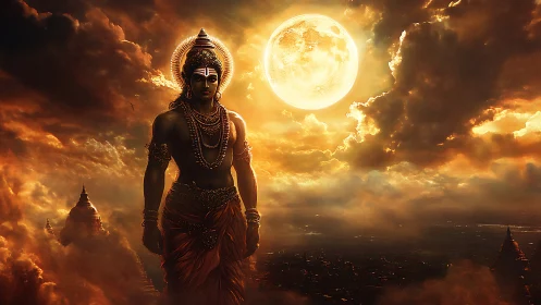 Divine warrior silhouette beneath blazing celestial moon.