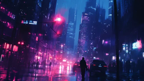 Neon rainwalkers crossing a midnight electric canyon.