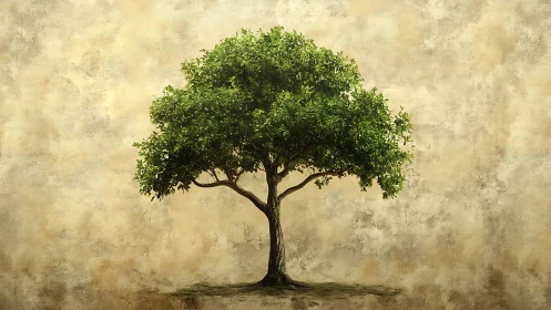 Lush Green Tree Against Textured Beige Background, Realistic Art.