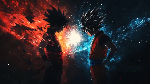 Dual anime warriors opposed across red and blue cosmic field.