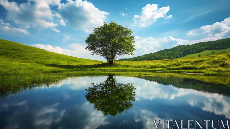 Lone tree reflects in tranquil pond under vivid summer sky.