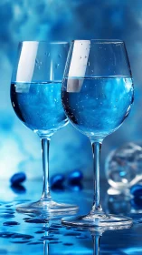 Crystal duet of water goblets in electric blue reflections.