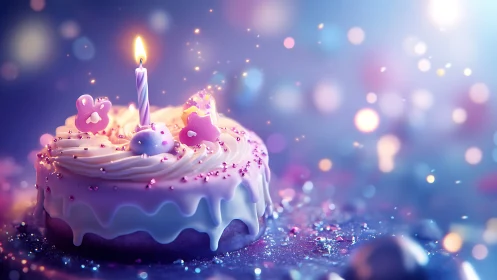 Luminescent Birthday Cake with Purple Candle and Magical Bokeh Effects.