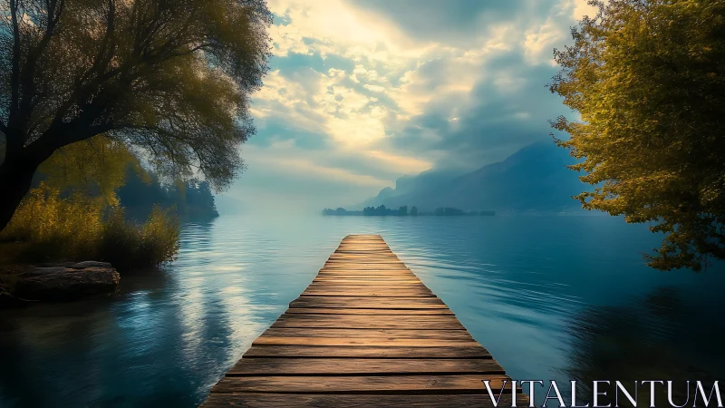 Quiet wooden pier chasing misty mountains at blue dawn.
