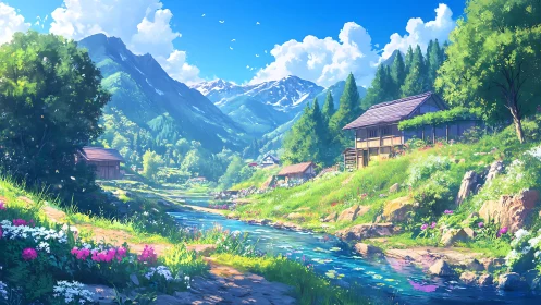 Riverside rural village below forested mountains in summer.