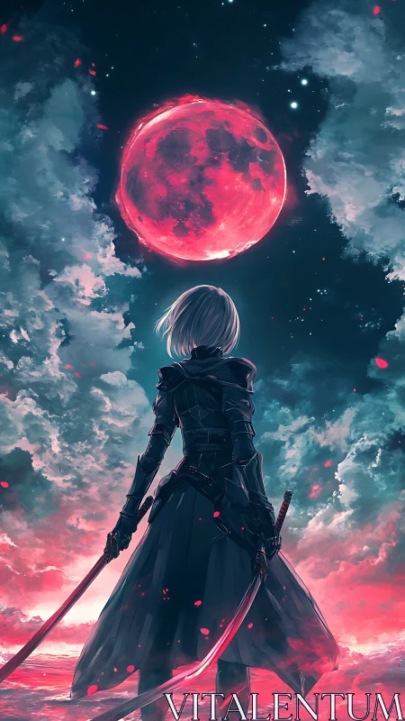 Lone swordswoman beneath a luminous crimson moon.