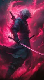 Shadowed cyber-ninja wields katana amid neon magenta flames