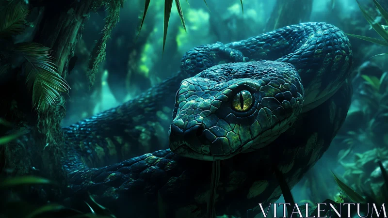 Glimmering jungle serpent resting in a cool emerald glow.
