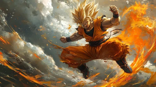 Supercharged anime warrior amid swirling firestorm sky.