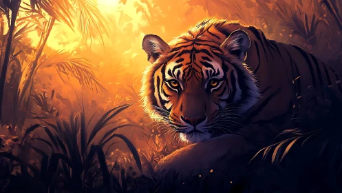 Digital painting of a tiger in cinematic backlit jungle chiaroscuro.