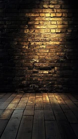 Warm spotlight falls on aged brick wall and wooden floor