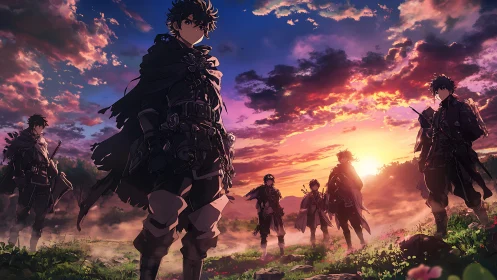 Sunset cloaked heroes gathering on a misty open field.