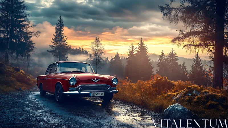Crimson classic car paused on a misty forest sunrise road.