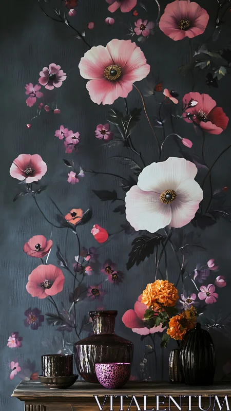 Moody floral arrangement with pink blooms and dark vessels