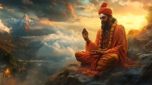 Hindu monk in orange robes meditating above misty mountains.