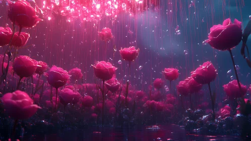 Volumetric Neon Rose Garden: Rendered Luminescent Floral Field