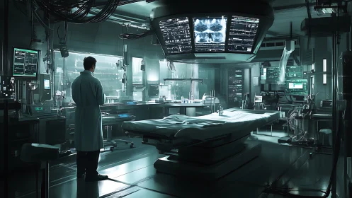 Doctor in futuristic surgical lab with advanced monitors.