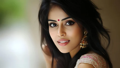 Portrait of woman with bindi and earrings in soft focus.