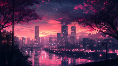 Neon river skyline bathing in electric cherry dusk.
