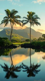Tropical palms mirrored on tranquil water at golden hour