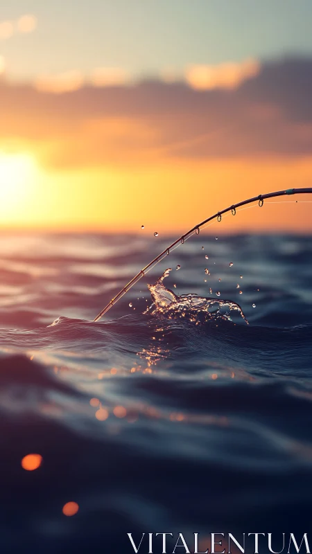 Fishing rod cutting sunset waves with glowing water spray.