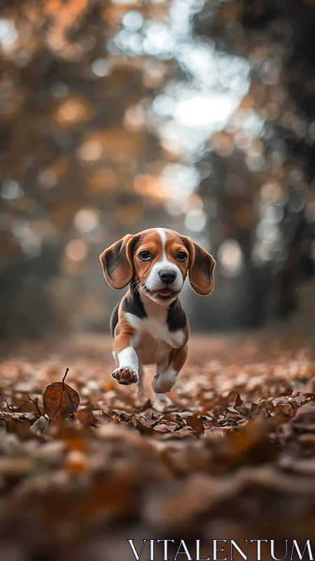 Beagle puppy sprints through autumn leaves in soft bokeh glow.