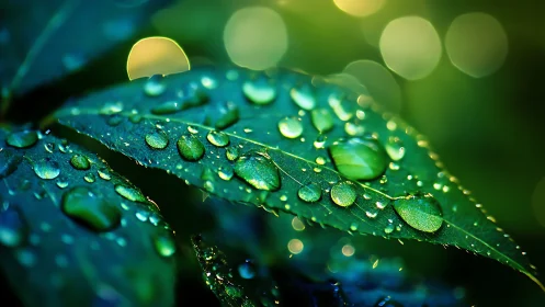 Raindrops glisten on emerald leaves in luminous morning light.