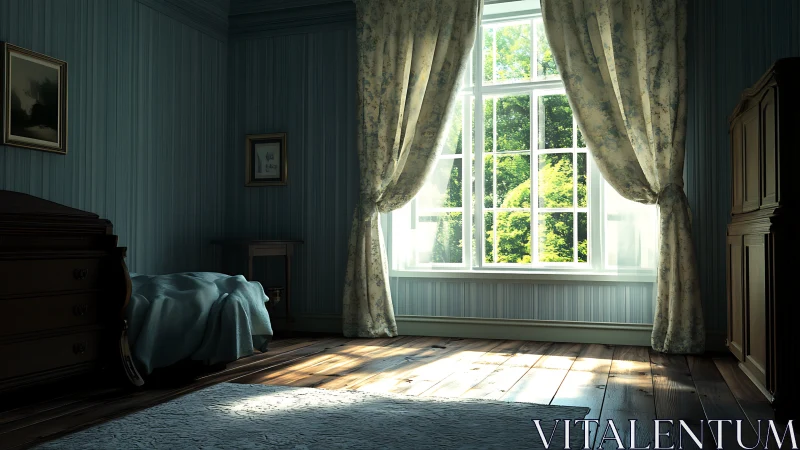 Morning light spilling softly into a quiet blue bedroom.