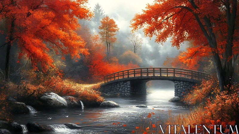 Stone arch footbridge over misty autumn river at sunrise