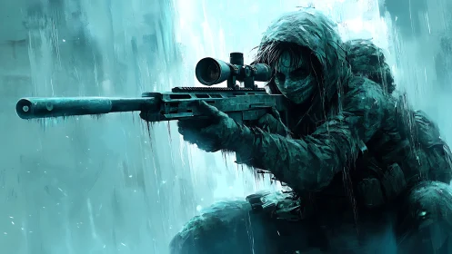 Sniper in turquoise tactical gear aiming rifle with scope.