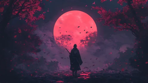 Lone warrior contemplates a crimson supermoon in silence.