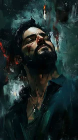 Stormlit quiet: a wounded dreamer resting in the dark.