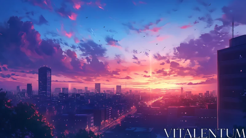 Sunset skyline bathed in neon-lit anime city glow.