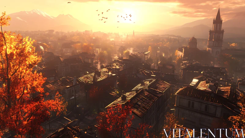 Autumn sun spills over a rustic city at tranquil sunset.