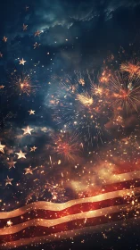 Fireworks burst over stylized American flag in night sky