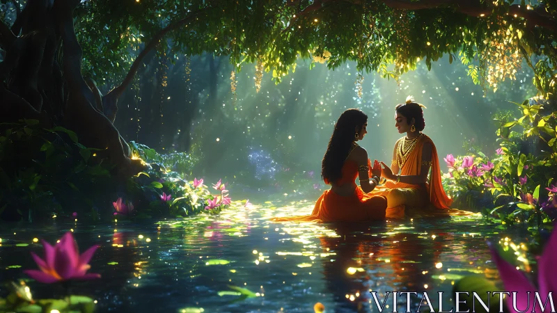 Enchanted riverside lovers sharing a golden, glowing moment.