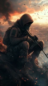 Hooded sentinel listens to a burning horizon breathe