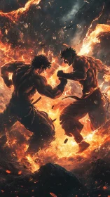 Two muscular fighters engage in close combat amid fire