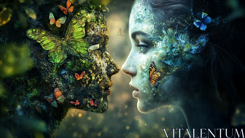 Dual female nature spirits in profile with luminous butterflies