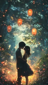 Two figures in silhouette beneath ascending sky lanterns within ethereal forest illumination
