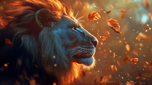 Majestic lion enjoys a quiet moment in glowing autumn light