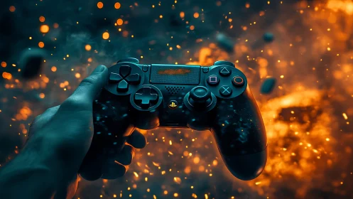 Hand holding game controller amid orange particle field.