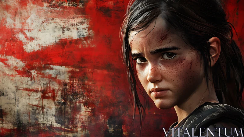 Battle-scarred young survivor against brutal red abstract.