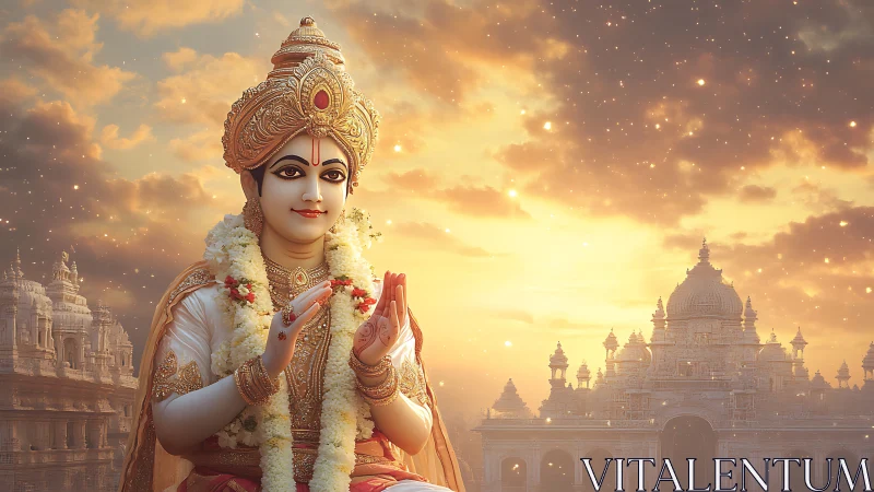 Digital painting of serene Hindu deity before luminous temple.