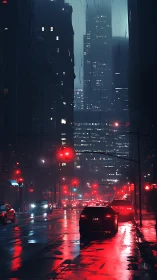 Rain-soaked city avenue glows under red traffic lights