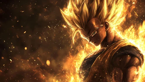 Golden-haired warrior ignites within swirling firestorm