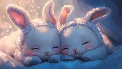 Sleepy twin bunnies napping in a dreamy moonlit cuddle.