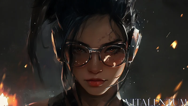 Cyberpunk gamer girl stares through sparks and dim smoke