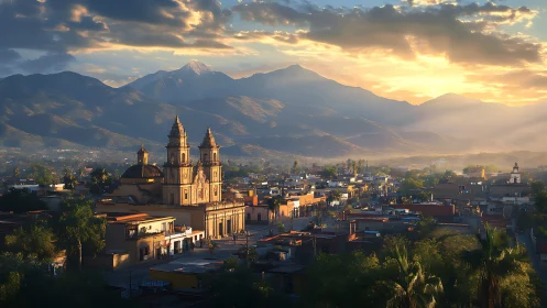 Colonial cityscape with cathedral and mountain backdrop at dawn.